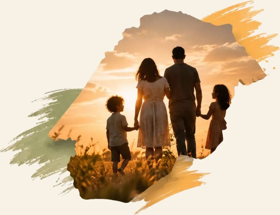 Família caminhando junta ao pôr do sol